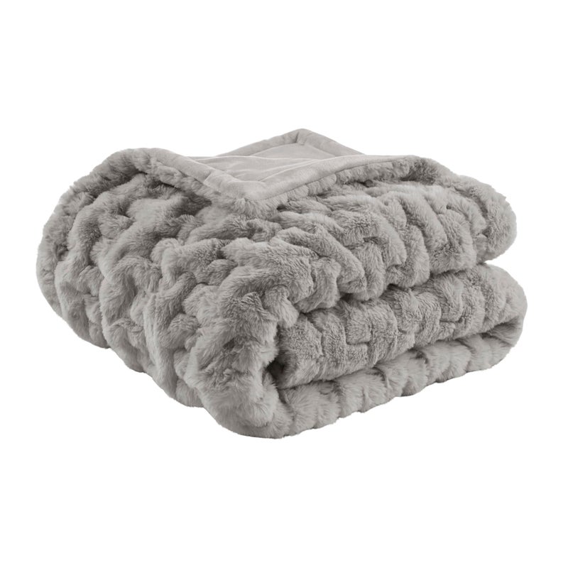 Madison Park Ruched Fur Luxury Throw Premium Soft Cozy Brushed Long Faux Fur For Bed, Couch or Sofa , 50x60" , Grey - Image 1